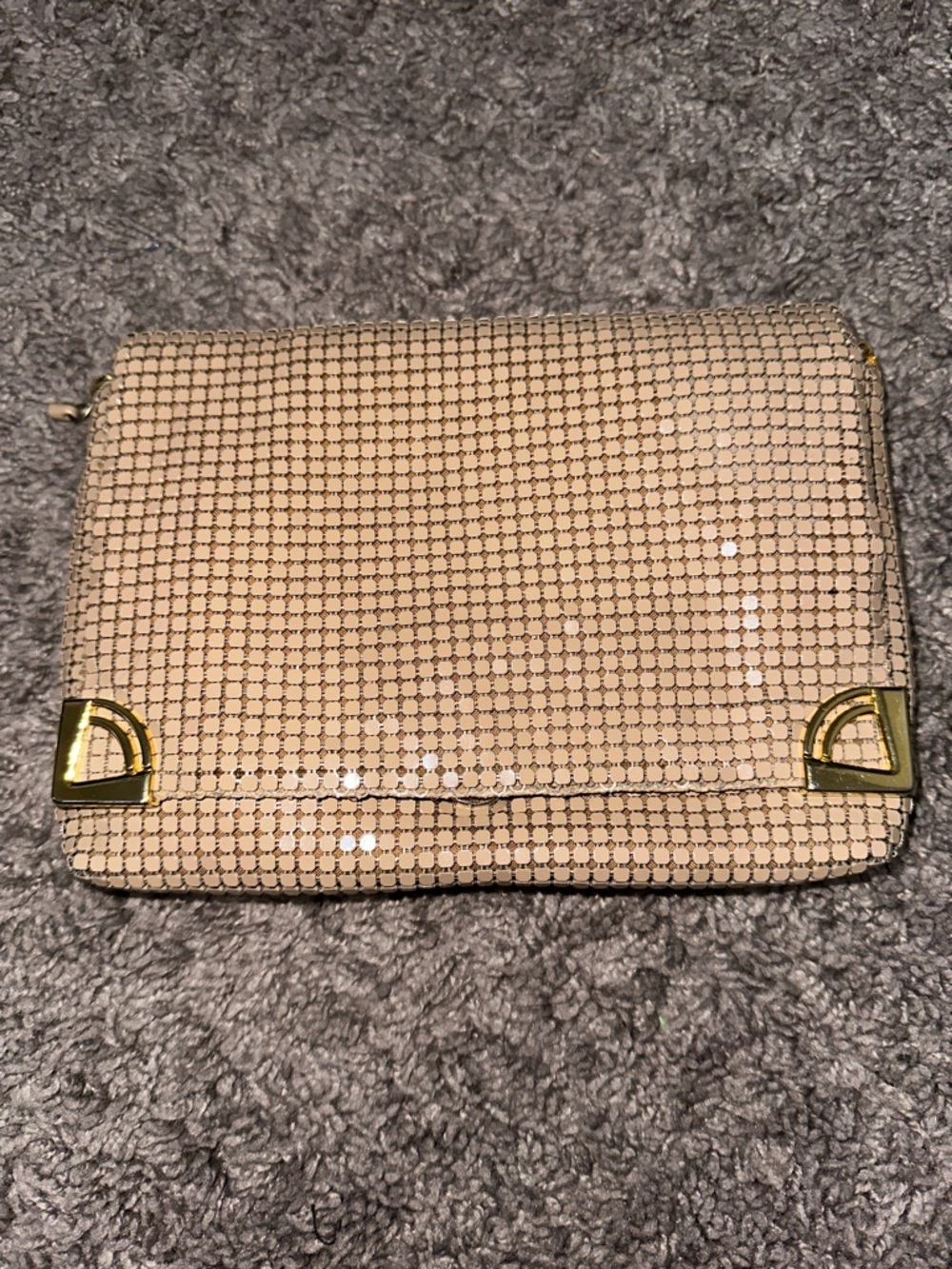 Metallic Beige Mesh Wristlet Clutch with Gold Accents